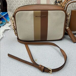 Michael Kors Tan and Cream Striped Crossbody Bag